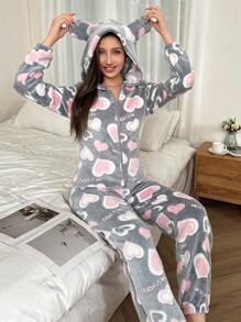 1件装女士毛绒爱心图案耳朵装饰连帽蓬松连体衣，适合秋冬季节，舒适保暖 - 彩色 - 查看 4