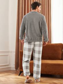 Manfinity Underwear&Sleepwear Basics Men 2pcs/Set Letter Embroidered Top & Plaid Flannel Pants Fluffy Pajama Set, Fall Winter Clothes, Cozy