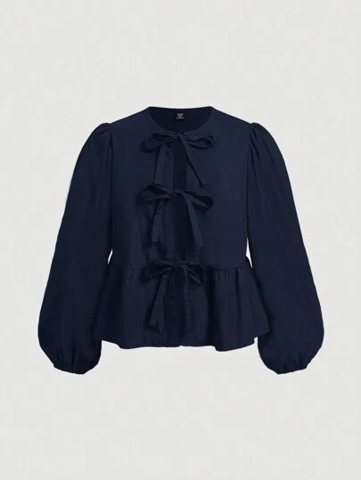 SHEIN MOD Plus Size Quirky Fun Bow Puff Sleeve Top