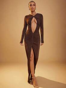 Hauture Front Ruched Deep Hollow Out Long Sleeve Dress - Brown - View 7