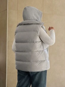 RueChic Plus Womens Zip Up Drawstring Hooded Vest Padded Coat - Light Grey - View 2