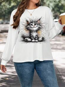 EMERY ROSE Plus Size Women Casual Cartoon Cat Allover Print Loose Fit Crew Neck Long Sleeve T-Shirt