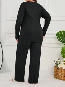 EURMUSE 100%Cotton 2Pcs Plus Cotton Slogan Printed Long Sleeve Shirt And Long Bottom PJ Set - Black - View 2
