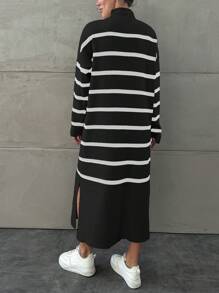 EURMUSE 女士休闲条纹立领侧开衩针织毛衣裙，适合秋冬季