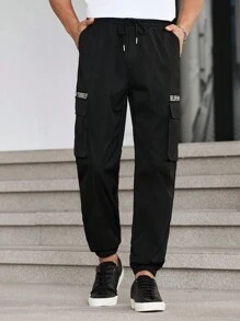 Manfinity Homme Men's Solid Color Front Lace-Up & Letter Print Pocket Casual Long Pants'