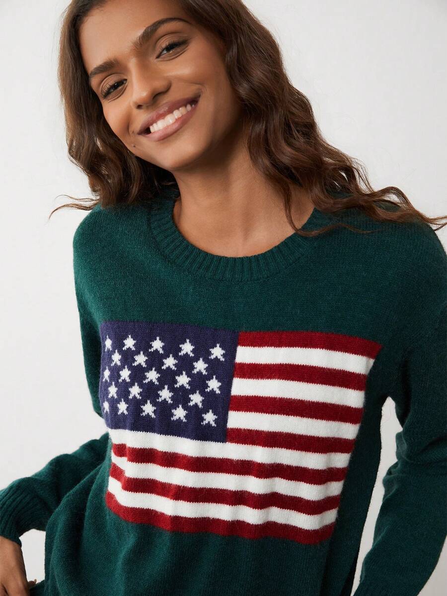 SHEIN Unity 女士休闲美国国旗图案落肩超大毛衣 - 軍綠色 - 查看 1