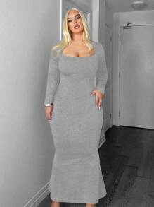 SHEIN SXY Plus Size Elegant Minimalist Solid Color Square Collar Mermaid Hem Fitted Dress, Spring/Autumn - Dark Grey - View 3
