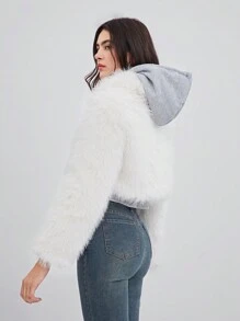 SHEIN EZwear Solid Hook And Eye Placket Fuzzy Coat - White - View 2