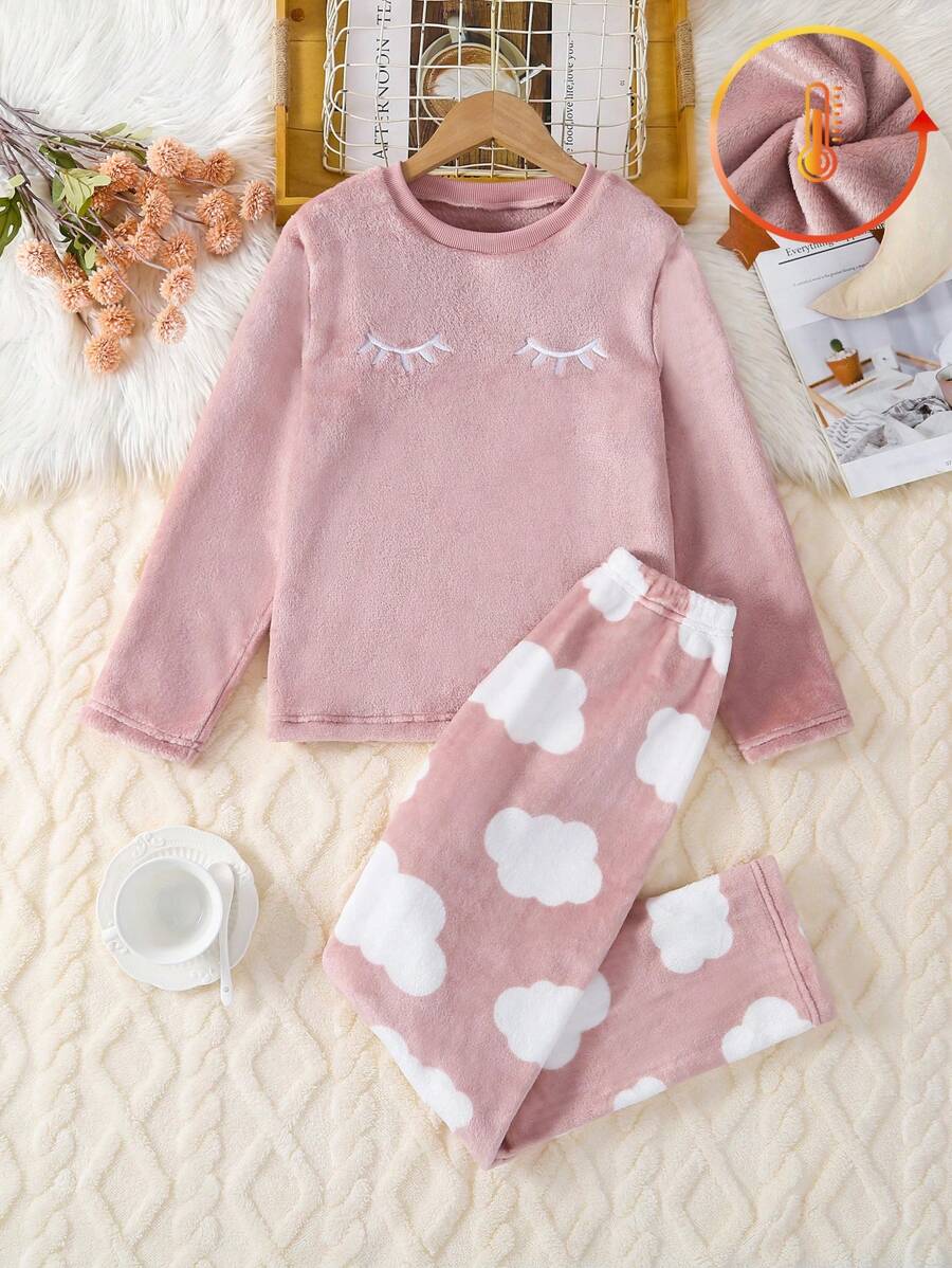 2 件 Tween Girl 睫毛和云朵图案优雅家居服套装，粉色简约时尚