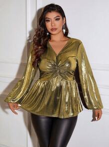 Allurite Plus Size Plain V-Neck Long Sleeve Twist Knot Gathered Blouse, Casual Everyday Wear