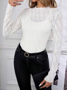 SHEIN Clasi Women's Ruffle Trim Long Sleeve Fitted Fashionable Blouse, Autumn Lace Long Sleeve 
Brushed Lace White Women T-Shirt Classy Outfits Winter Women Outfits  Fall Women Outfits