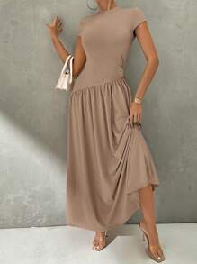 Firerie 优雅简约纯色短袖合身立领不对称 A 字腰长裙