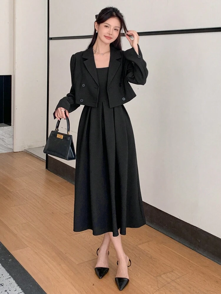 2pcs/Set Women's Suit Jacket And Spaghetti Strap Dress For Autumn
