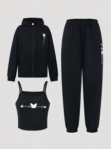 SHEIN 青少年女孩蝴蝶和字母圖案吊帶上衣和運動褲和連帽衫