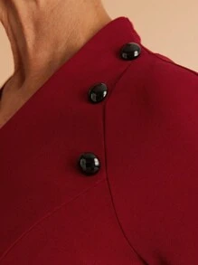 SHEIN LUNE Women Casual Solid Color Button Decor Long Sleeve Pocket Bodycon Mini Dress - Burgundy - View 9