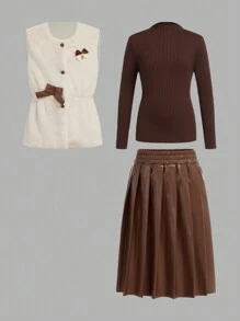 3pcs/Set For Tween Girls, Fuzzy Vest, Knitted Undershirt, And Pleated Leather Skirt, Elegant For Daily Commuting In Fall And Spring And Winter - Multicolor - View 12