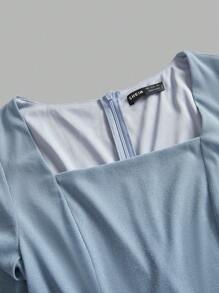 Modelyn Đầm dạ hội dài tay cổ vuông màu trơn chắp vá ngắn thường ngày cho nữ - Nhiều màu - Xem 4