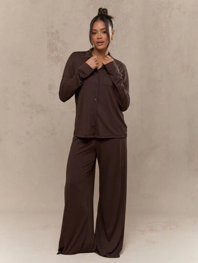 MISSGUIDED Långärmad skjorta och vida benpyjamas i två delar, kombinerat loungeset, höstkläder