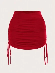 SHEIN EZwear Plus Size Women's Solid Color Drawstring Ruched Mini Skirt - Red - View 1