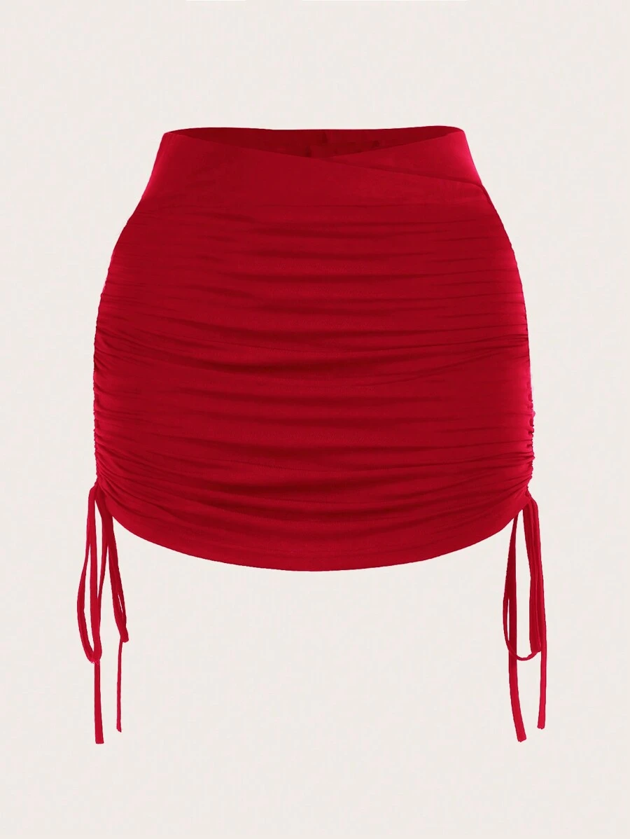 SHEIN EZwear Plus Size Women's Solid Color Drawstring Ruched Mini Skirt - Red - View 1