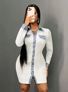 Slaydiva 2024 Nieuwe herfst lange mouw shirt patchwork denim effect print mini bodycon jurk voor vrouwen