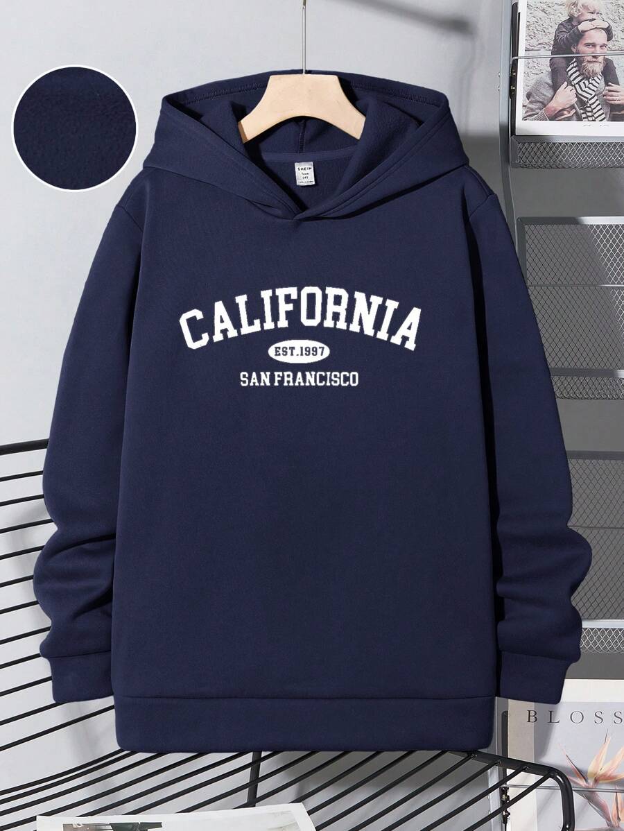 SHEIN Leap Crew 青少年男童休闲印花保暖连帽衫,深灰色和绿色,适合秋季、冬季保暖穿着,可用于上学、居家、日常穿着、运动、生日派对、郊游等场合,百搭实用。 - 藏蓝色 - 查看 1