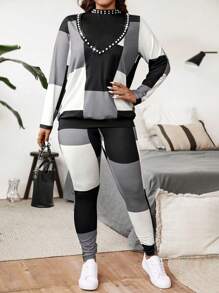 Calvaya Plus Size Casual Colorblock Plaid Beaded Decor Long Sleeve Top, Pants & Vest 3pcs Suit Set, Autumn