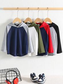 4件装男童休闲舒适针织撞色连帽T恤，带拼接长袖，适合旅行、上学，秋冬季穿着 - 彩色 - 查看 7