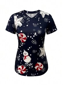 Women's V-Neck Christmas Print Casual Short Sleeve T-Shirt