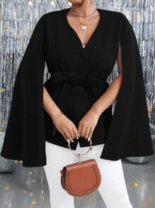 SHEIN Clasi Plus Size Solid Color Crossover Wrap Belt Cloak Sleeve Elegant Coat - Black - View 1