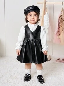 SHEIN Toddler Girl 3pcs/Set White Shirt, Sleeveless Leather Dress & Cap Set, Cute For Autumn/Winter
