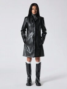 LYSMO 1pc Women's Solid Color Front Button Pocket Casual Everyday Lightweight Long Jacket - Black - View 1