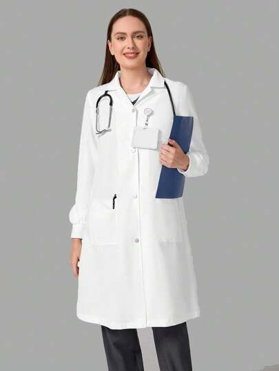 TaskEZ Women's Long-Sleeved Multi-Pocket Solid Color Long White Coat Work Uniform Jacket (Can Be Worn In Laboratories And Hospitals), Health Examination Surgical Uniforms For Women Solid Color Pet Grooming Work White Coat Uniforms Nutritionist Work Clothes Laboratory Work Clothes For Women, Multi-Pocket Functional Work Clothes, Open Placket Design Collar Plus Buttons For Easy Wearing And Taking Off, Functional Women's Clothing Can Be Worn On Christmas, Women's Autumn And Winter Coat
