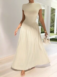 Firerie Eenvoudige elegante dagelijkse slijtage chique effen kleur korte mouw slim fit staande kraag asymmetrische A-lijn taille-getailleerde lange jurk, dames casual geplooide mouwloze staande kraag slim fit lange kaki vleermuismouw colorblock, effen A-lijn dames lange jurken, lente/zomer, casual dagelijkse slijtage