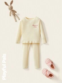 SHEIN 4 sztuki, bez względu na płeć, odpowiednie dla młodych dziewcząt i chłopców, słodkie/vintage/codzienne/odzież domowa/odzież wierzchnia, nadruk z napisem, długi rękaw, okrągły dekolt, T-shirt i spodnie, 2 sztuki, zestaw, uniwersalny na wiosnę/jesień/zimę, na każdy mecz