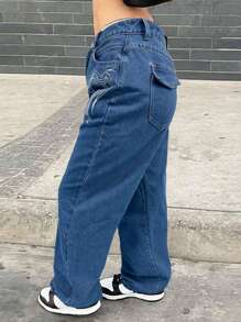 2024 Popular Straight-Leg Embroidered Denim Jeans - Medium Wash - View 3