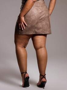 MUSERA Plus Size Faux Leather Buckle Mini Skirt For Going Out, Sexy, Club, Party, Date Night, Holiday, Rave, Concert, Festival Summer - Brown - View 4