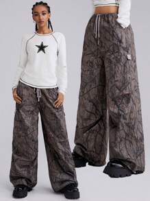 SHEIN EZwear Women Fall/Winter Streetwear Western Forest Camo Drawstring Brown Pants - Brown - View 1