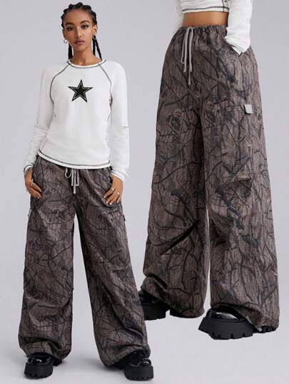 SHEIN EZwear Women Fall/Winter Streetwear Western Forest Camo Drawstring Brown Pants
