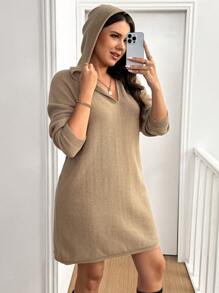 Flirla Váy len rộng rãi, đơn giản, có mũ trùm đầu cỡ lớn - Màu Khaki - Xem 5