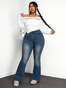 SHEIN ICON Plus High Waist Bleach Wash Flare Leg Jeans - Dark Wash - View 5