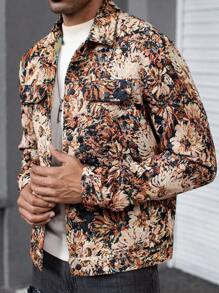 Manfinity Homme Men Jacquard Jacquard Front Button Pocket Long Sleeve Shacket, Floral Jacket Men, Men Floral Jacket, Flower Jacket Men - Multicolor - View 3
