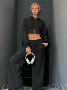 SHEIN EZwear 2 件套女式纯色前拉链长袖休闲羊毛保暖腰上衣和裤子套装