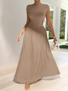 Firerie 优雅简约纯色短袖合身立领不对称 A 字腰长裙