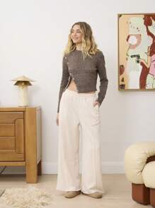 Aralina Luxe Marle Assymetric Stud Design Yarn Long Sleeve Knitted Cropped Sweater - Coffee Brown - View 2