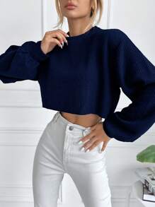 EURMUSE Women's Plain Round Neck Drop Shoulder Long Sleeve Cropped Casual Sweater, Autumn/Winter - Navy Blue - View 4