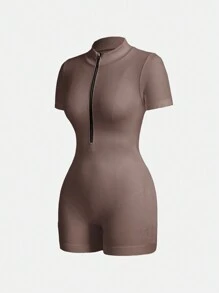 女士纯色拉链半襟休闲短袖短款连体裤 - 卡其色 - 查看 6