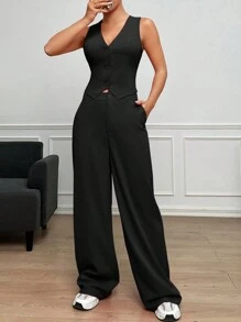 SHEIN EZwear Casual/Commute Solid Color Vest And Trousers Suit In Fall/Winter - Black - View 3