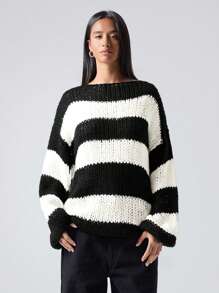 LYSMO Suéter oversize de cuello redondo con rayas, adecuado para otoño e invierno - Blanco y Negro - Ver 4