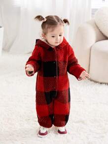 SHEIN Bộ đồ liền thân có mũ trùm đầu bằng lông cừu ấm áp cho bé trai và bé gái sơ sinh - Đỏ - Xem 2